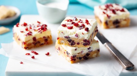 Mehrere Cranberry-Schnitten auf einem Stück weißem Backpapier.