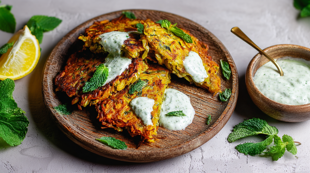 Ein Holzbrett mit Curry-Spitzkohl-Pancakes, garniert mit frischem Joghurt und Kräutern. Daneben steht eine Schale mit Dip.