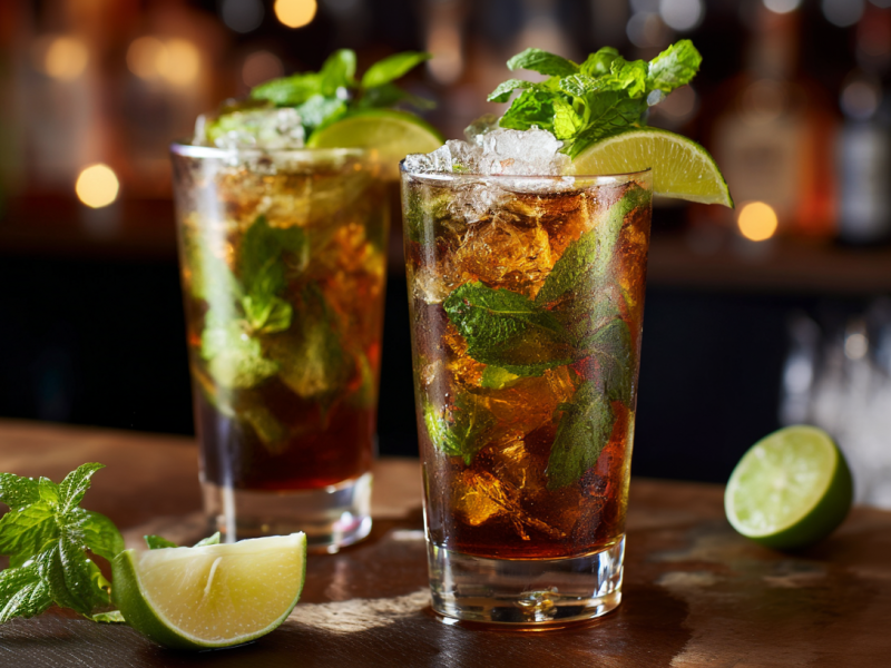 Zwei Gläser mit Dark Mojito vor einer Bar-Szene. Als Deko liegen frische Minze und Limettenspalten herum.