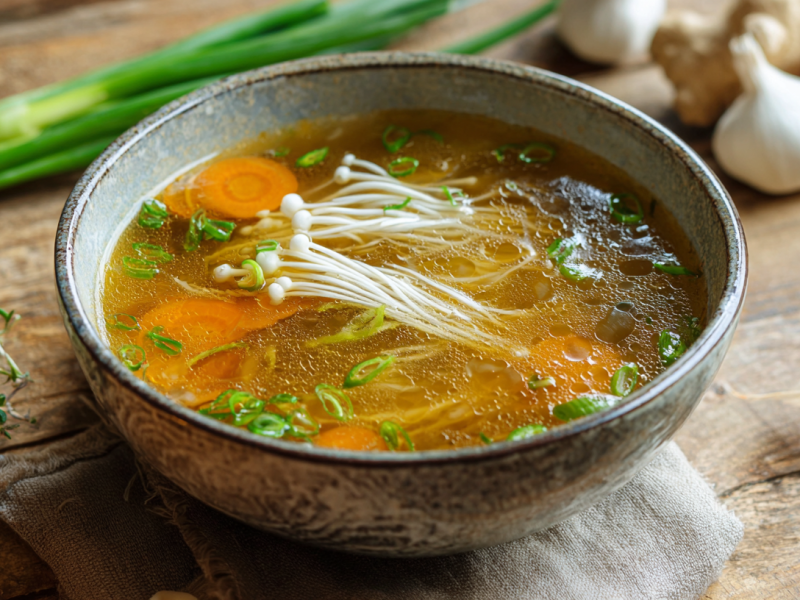 Eine Schüssel Enoki-Pilz-Suppe steht auf einem grauen Tuch auf einem Holztisch. Links im Bild sind einige frische Kräuter zu sehen, im Hintergrund Frühlingszwiebeln, sowie Knoblauchknollen.