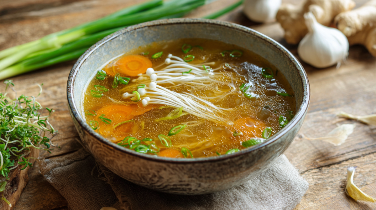 Eine Schüssel Enoki-Pilz-Suppe steht auf einem grauen Tuch auf einem Holztisch. Links im Bild sind einige frische Kräuter zu sehen, im Hintergrund Frühlingszwiebeln, sowie Knoblauchknollen.