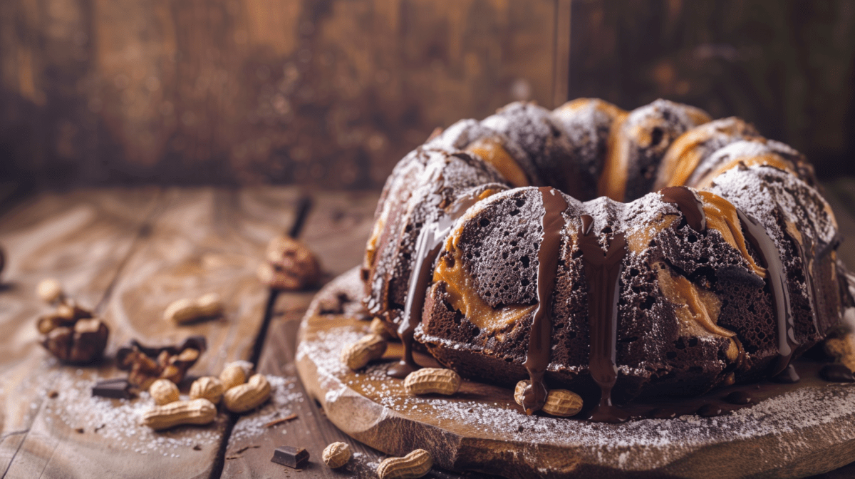 Erdnussbutter-Brownie-Gugelhupf auf einem Brett angerichtet. Ganze Erdnüsse und Schokolade liegen als Deko außen herum.