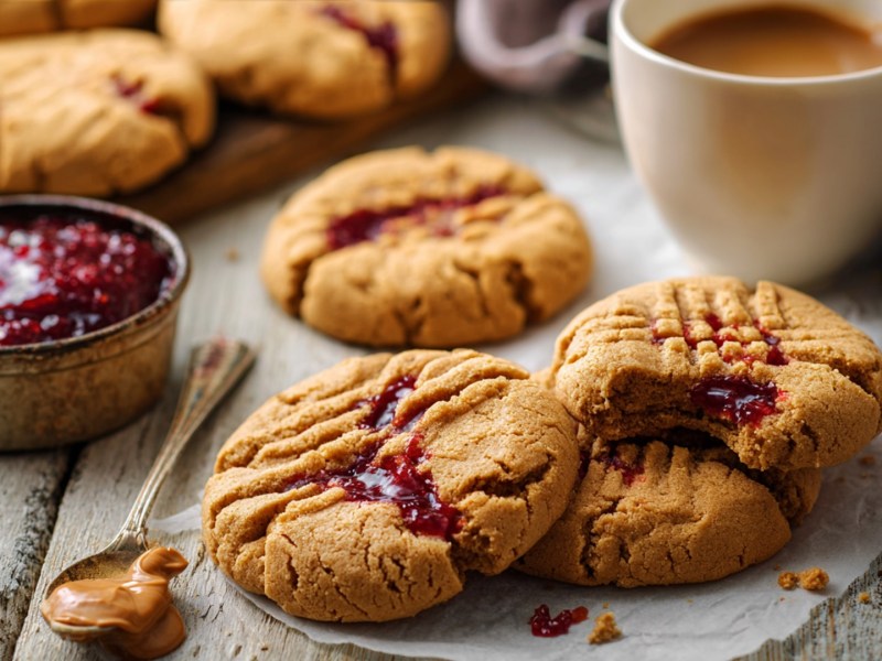 Einige Erdnussbutter-Marmeladen-Cookies, die auf einem kleinen Stück weißem Backpapier auf einem rustikalen Holztisch liegen. Außerdem kann man einen Löffel mit Erdnussbutter, eine Schale mit Marmelade und eine Tasse Milchkaffee erkennen.
