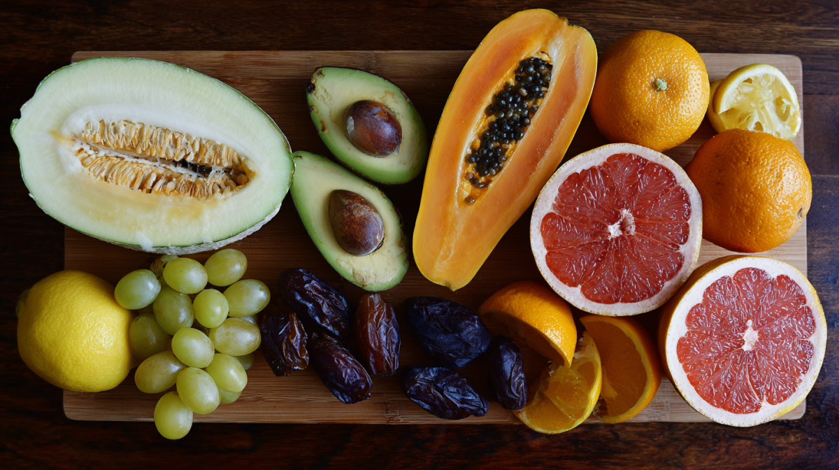 Eine Draufsicht eines Holzbretts, auf dem verschiedene Früchte abgebildet sind, deren Kerne essbar sind.