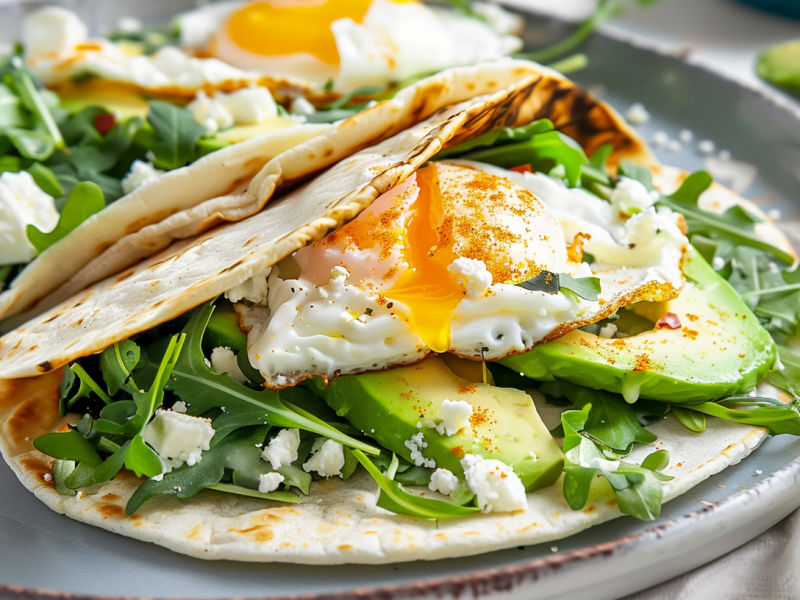 Ein Teller mit Feta-Ei-Tacos.