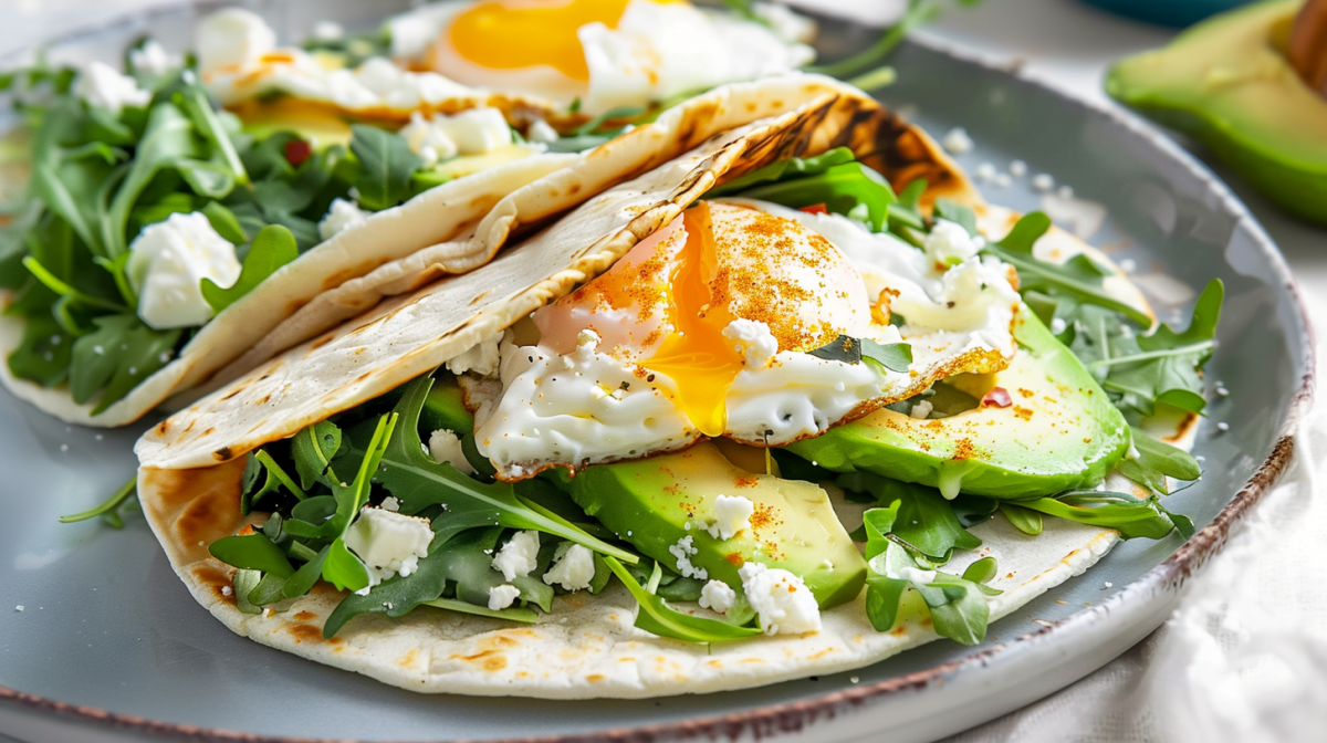 Ein Teller mit Feta-Ei-Tacos.