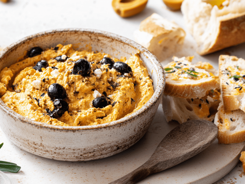 Eine Schüssel mit Feta-Olivencreme mit Paprika auf einem Tisch. Vor der Schüssel liegt ein Holzlöffel und mehrere knusprige Brotstücke. Im Hintergrund steht noch ein Schälchen Öl.
