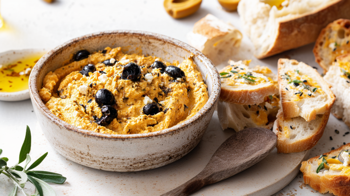 Eine Schüssel mit Feta-Olivencreme mit Paprika auf einem Tisch. Vor der Schüssel liegt ein Holzlöffel und mehrere knusprige Brotstücke. Im Hintergrund steht noch ein Schälchen Öl.
