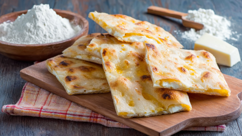 Einige Stücke Focaccia di Recco auf einem Holzbrett.