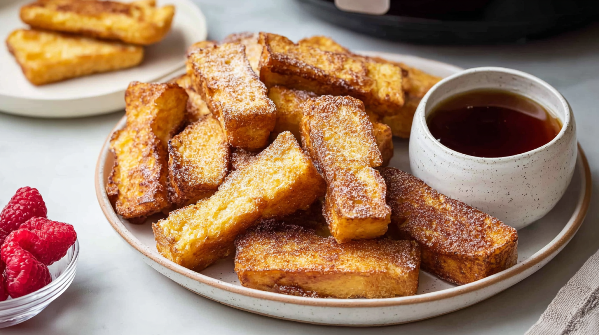 French Toast Sticks aus dem Airfryer auf einem Teller mit Ahornsirup.