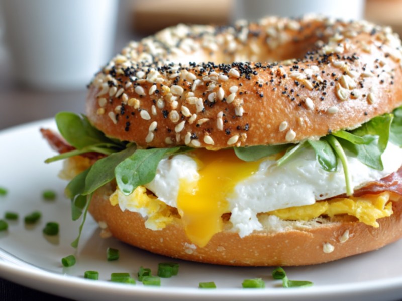 Ein Frühstücks-Bagel mit Bacon und Ei auf einem Teller.