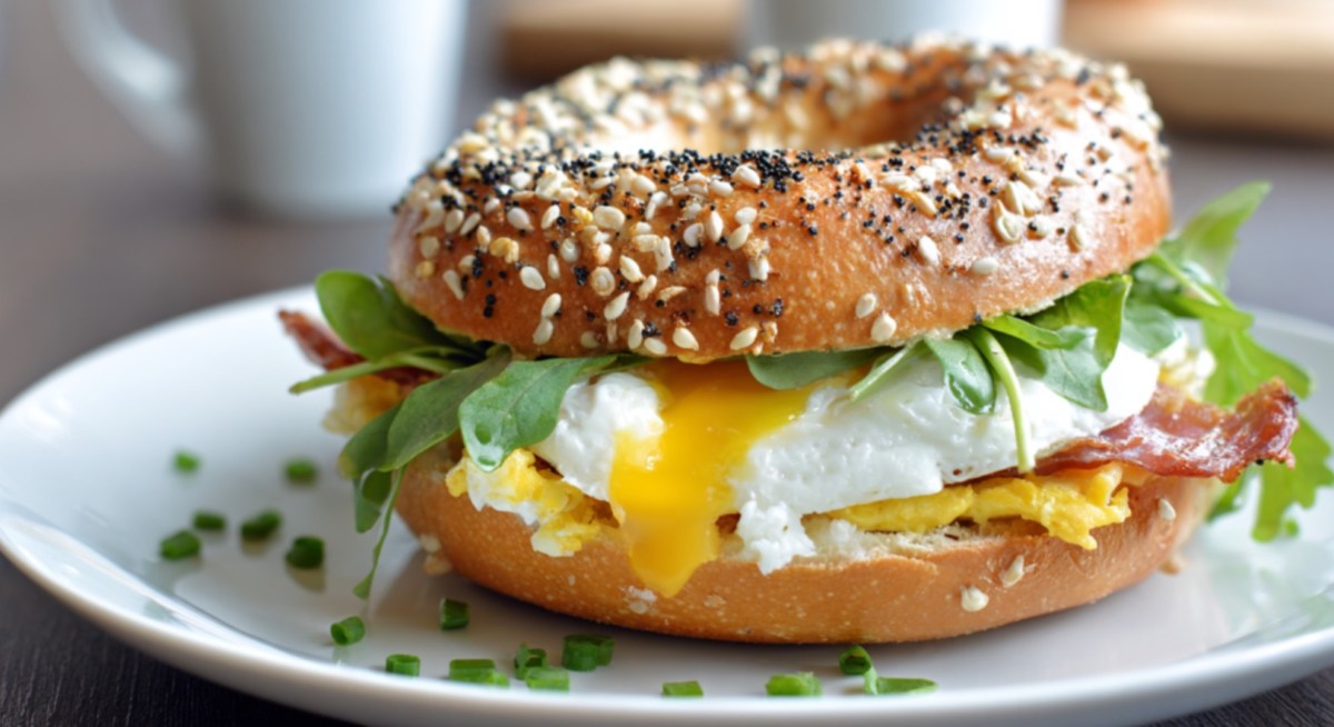 Ein Frühstücks-Bagel mit Bacon und Ei auf einem Teller.