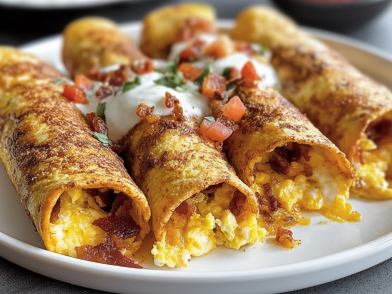 Vier Frühstücks-Taquitos, die nebeneinander auf einem Teller liegen.