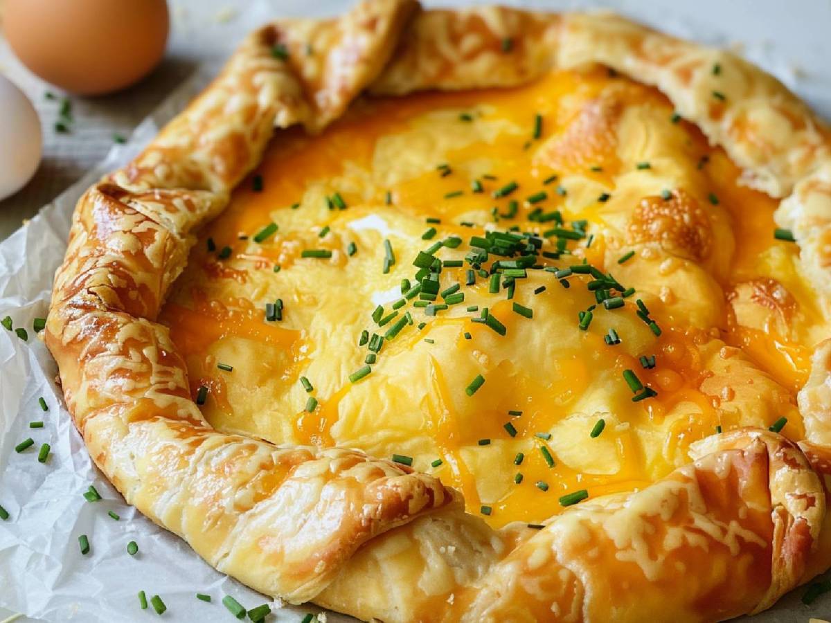 Frühstücksgalette auf einem Tisch, frische Eier im Hintergrund