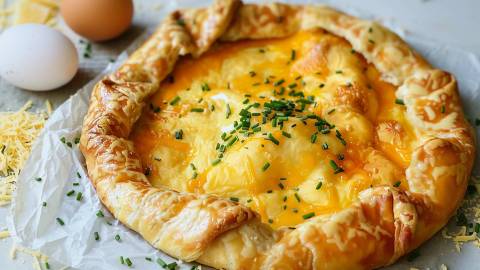 Frühstücksgalette auf einem Tisch, frische Eier im Hintergrund