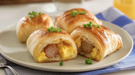 4 Frühstücksrollen mit Wurst und Ei auf einem teller.