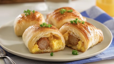 4 Frühstücksrollen mit Wurst und Ei auf einem teller.