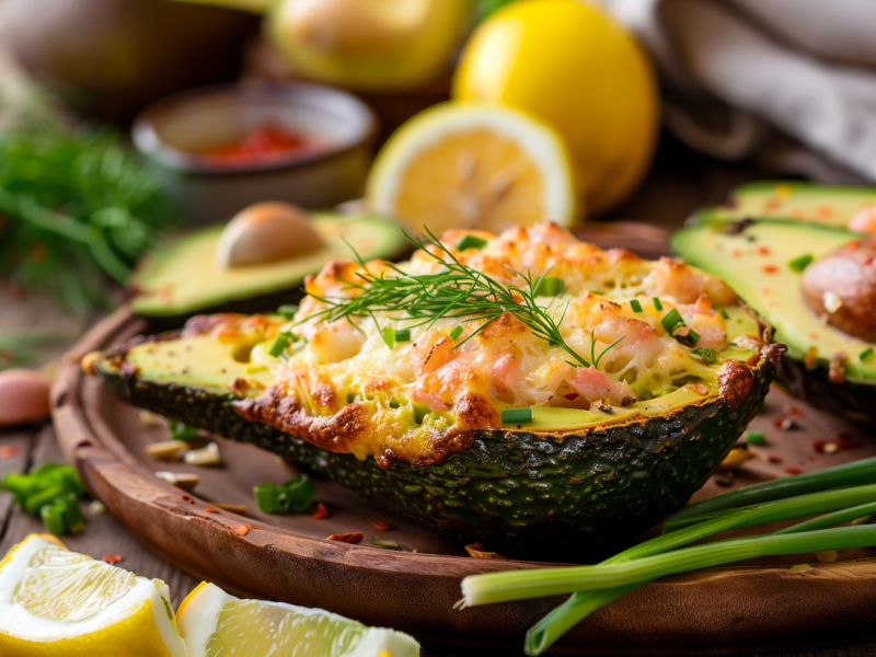 Eine Hälfte einer gebackenen Avocado mit Krabbenfüllung, die mit Dill garniert ist und auf einem runden Holzbrett liegt. Ringsum kann man weitere halbe Avocados, Zitronen, frische Kräuter und Gewürze herumliegen sehen.