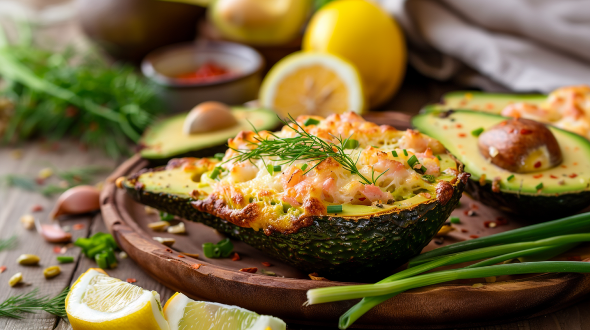 Eine Hälfte einer gebackenen Avocado mit Krabbenfüllung, die mit Dill garniert ist und auf einem runden Holzbrett liegt. Ringsum kann man weitere halbe Avocados, Zitronen, frische Kräuter und Gewürze herumliegen sehen.