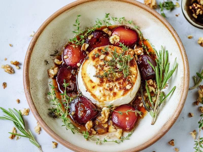 Ein Teller mit gebackenen Pflaumen und Ofen-Camembert.