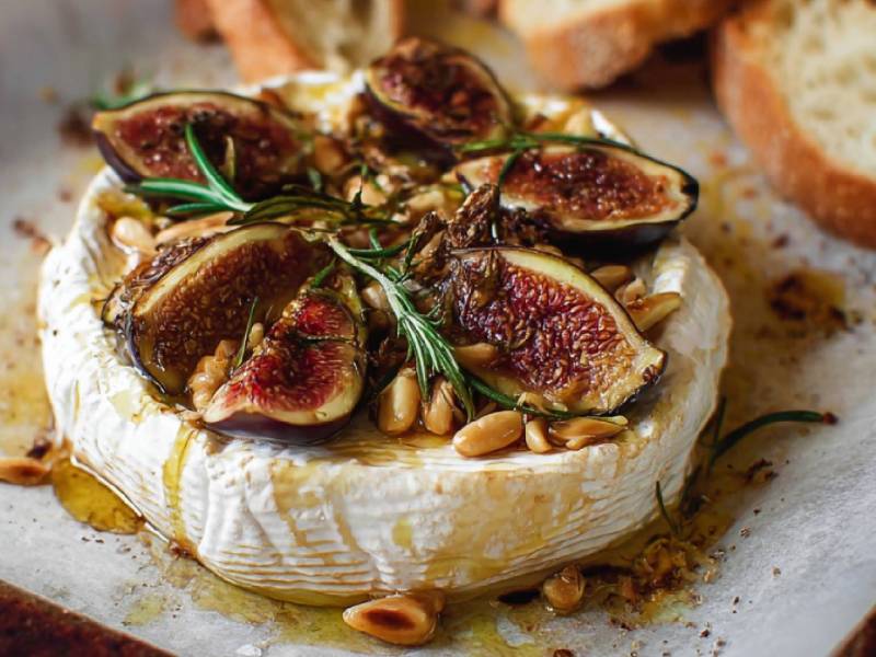 Backblech mit einem Gebackener Camembert mit Feigen und Honig, geröstetes Brot im Hintergrund