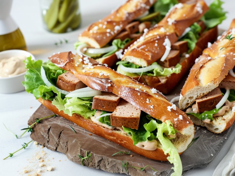 Vier gefüllte Laugenstangen auf einem Brett. Im Hintergrund sieht man ein wenig Soße, eingelegte Gurken und eine Flasche mit Öl.