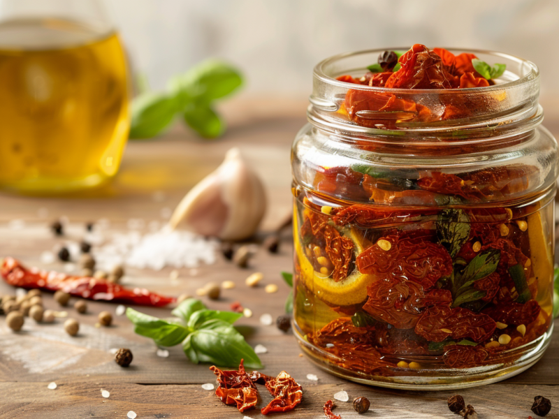 Ein Glas mit getrockneten Tomaten in Öl auf einem Holztisch. Um das Glas liegen Salzkörner, Pfefferkörner und frische Kräuter verteilt. Im Hintergrund sieht man eine Flasche mit Olivenöl sowie einige Knoblauchzehen.