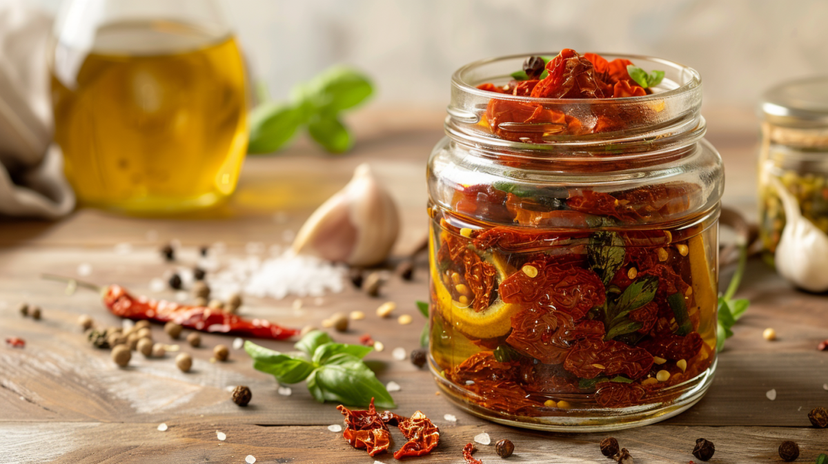 Ein Glas mit getrockneten Tomaten in Öl auf einem Holztisch. Um das Glas liegen Salzkörner, Pfefferkörner und frische Kräuter verteilt. Im Hintergrund sieht man eine Flasche mit Olivenöl sowie einige Knoblauchzehen.