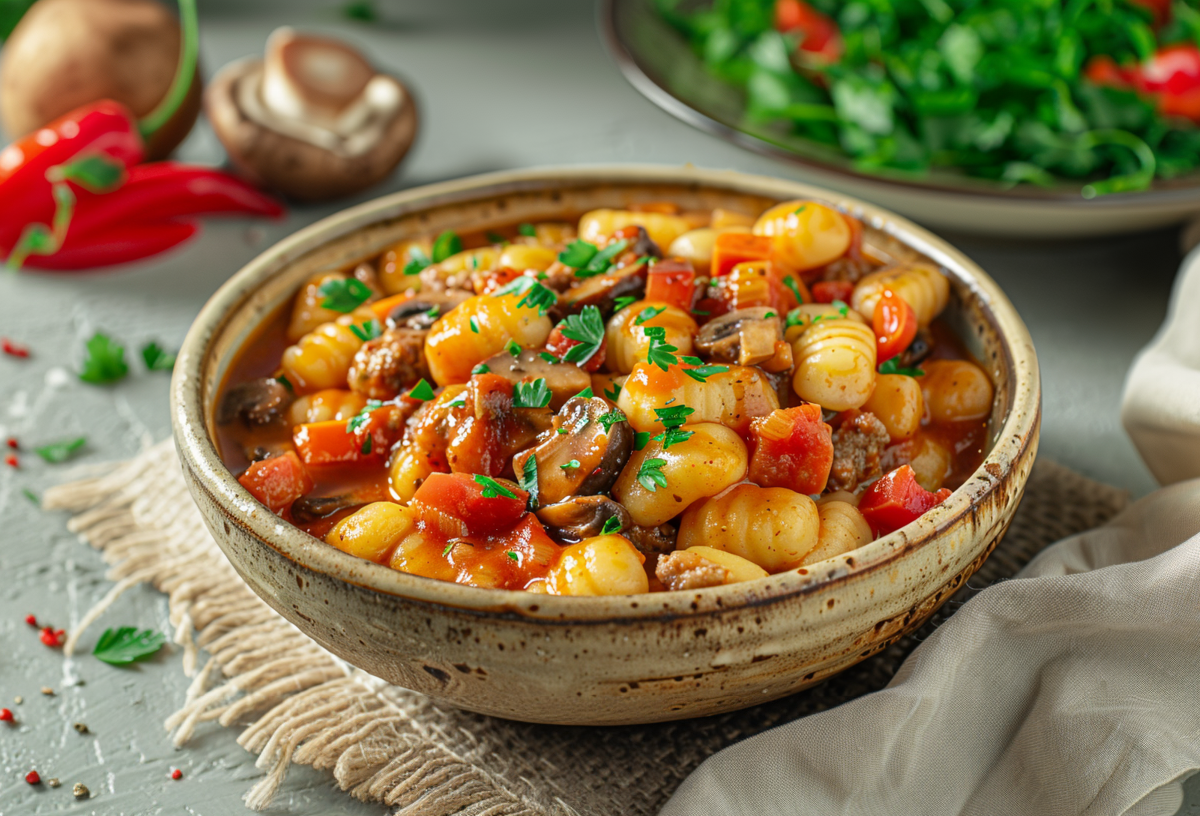 Eine Schale Hackfleisch-Gncocchi-Eintopf auf einer kleinen Unterlage auf einem grauen Untergrund. Im Hintergrund sieht man frische Kräuter, Chili und Champignons.