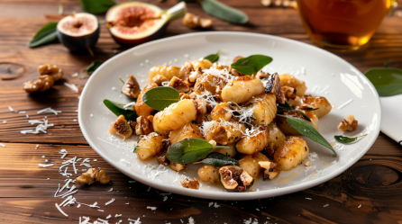 Ein Teller voller Gnocchi mit Birnen und getrockneten Feigen. Daneben liegen einige frische Feigen und etwas Parmesan als Dekoration.