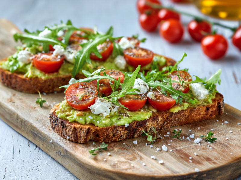 Zwei Scheiben Gourmet-Toast auf einem kleinen Holzbrett angerichtet. Sie sind mit Avocado, Ziegenkäse, Tomaten und Rucola belegt. Man sieht deutlich das grobe Salz, das über sie gestreut wurde. Im Hintergrund liegen weitere Tomaten,