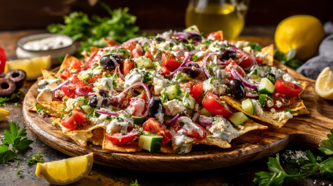 Griechische Nachos, angerichtet auf einem großen, runden Brett. Als Deko liegt eine Zitronenspalte und frische Kräuter um das Brett.