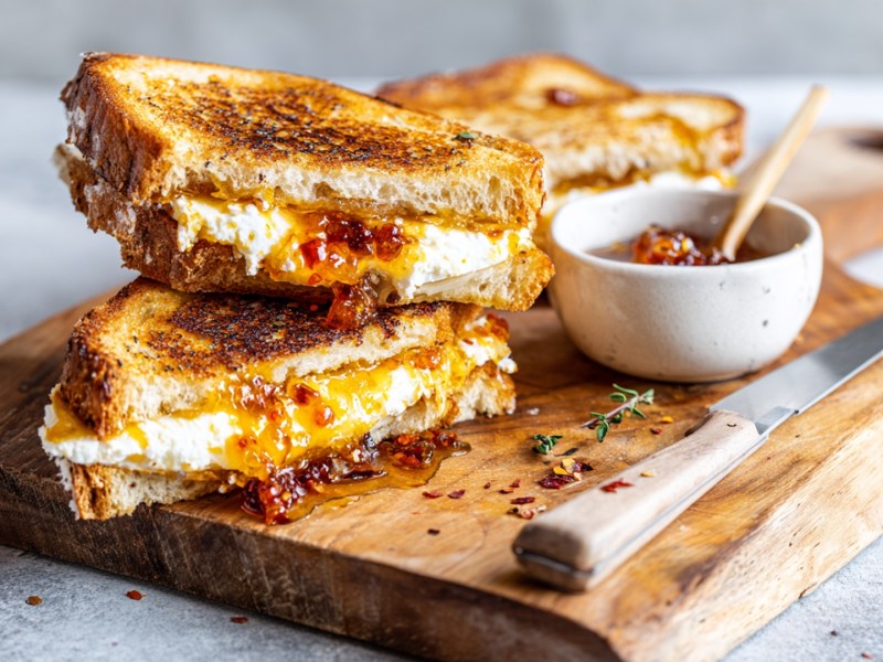 Ein aufgeschnittenes Grilled Cheese Sandwich mit Ziegenkäse, Honig und Chili, das auf einem Holzbrett auf einer Arbeitsplatte liegt. Auf dem Brett steht zudem eine kleine Schale mit Chili-Marmelade. Auch ein Messer liegt dabei.