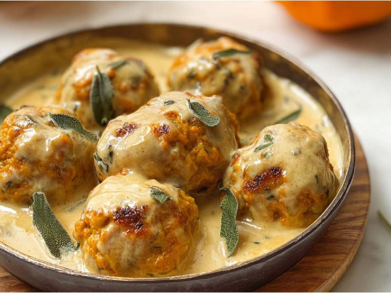 Pfanne mit Hähnchen-Hackbällchen in Salbei-Sahne-Soße