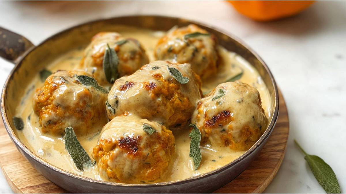 Pfanne mit Hähnchen-Hackbällchen in Salbei-Sahne-Soße