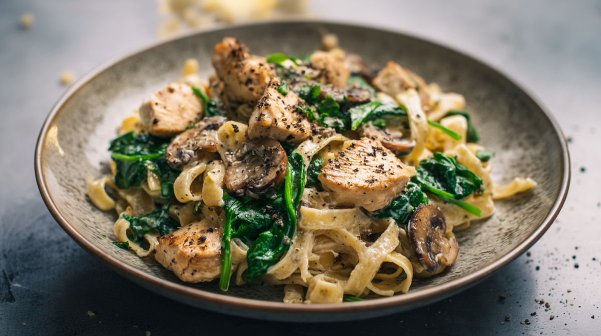 Ein Teller Hähnchen-Spinat-Tagliatelle mit Champignons auf einem neutralen Untergrund. Das Gericht ist mit angebratenen Hähnchenstücken, Pilzen und Spinat serviert.