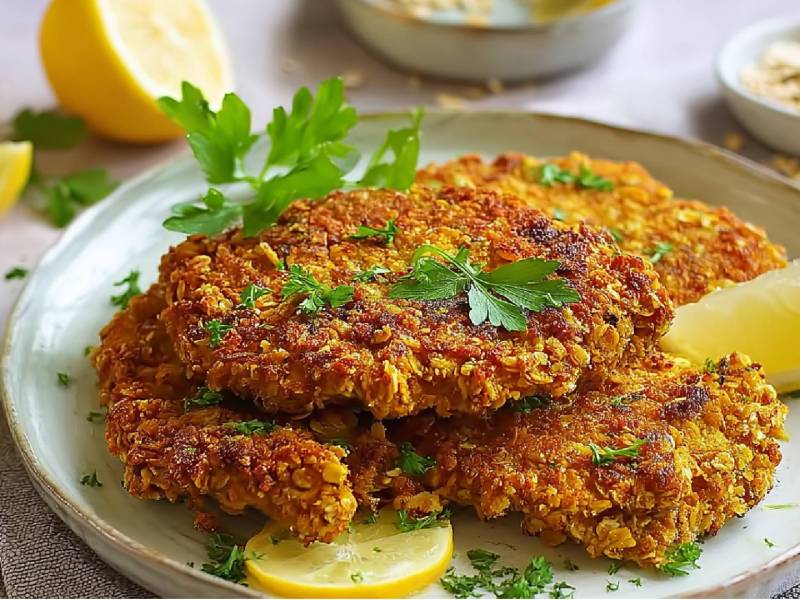 Ein Teller mit Haferflocken-Schnitzel und Zitronenspalten.