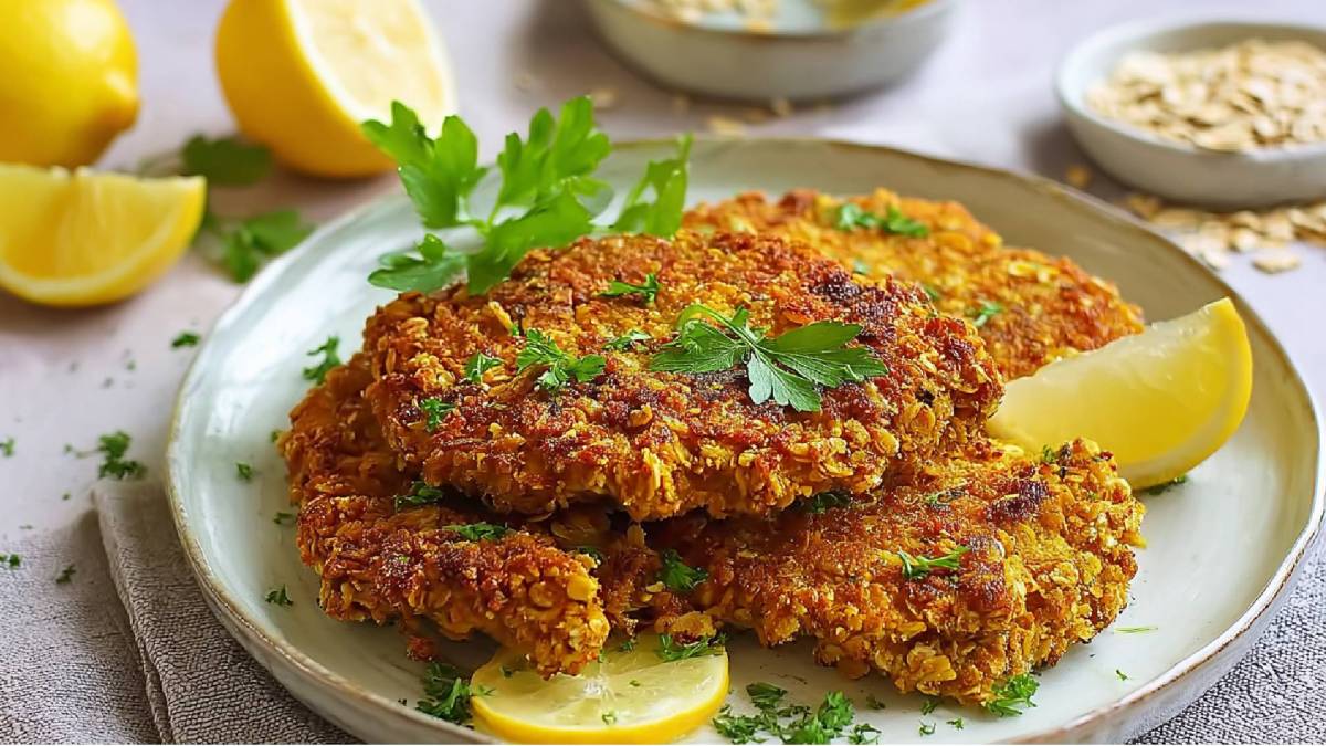 Ein Teller mit Haferflocken-Schnitzel und Zitronenspalten.