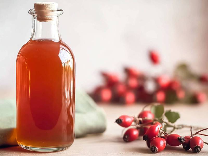 Flasche mit Hagebutten-Sirup und Hagebutten daneben