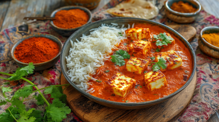 Ein Teller mit Halloumi Makhani auf einem Holzuntersetzer. Um das Gericht herum sind mehrere kleine Schalen mit Gewürzen verteilt. Links neben dem Teller liegt frischer Koriander.