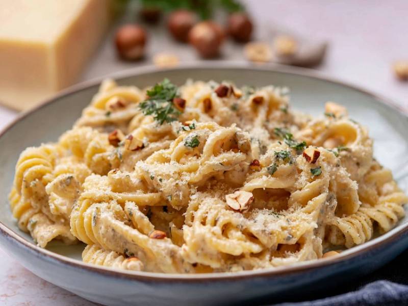 Ein Teller Haselnuss-Pasta mit Haselnüssen und Parmesan im Hintergrund