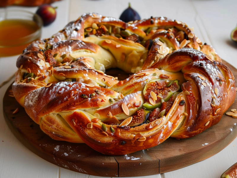 Hefekranz mit Feigen und Feta, serviert auf einem Brett. Darum liegen einige frische Feigen und ein Schälchen mit Honig.