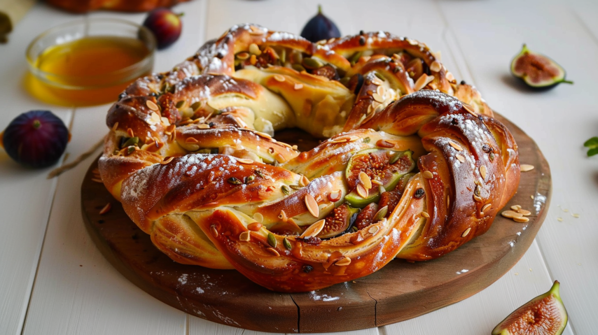 Hefekranz mit Feigen und Feta, serviert auf einem Brett. Darum liegen einige frische Feigen und ein Schälchen mit Honig.