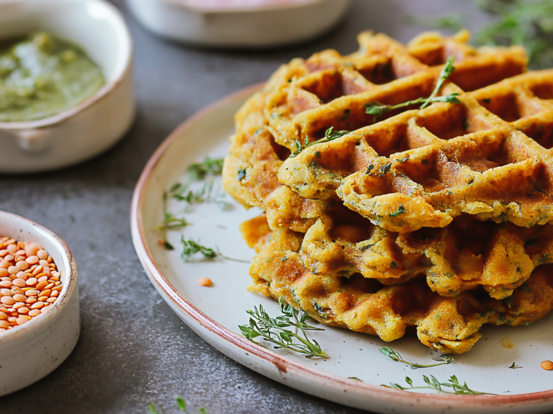 Ein Stapel herzhafte Linsenwaffeln auf einem hellen Teller.