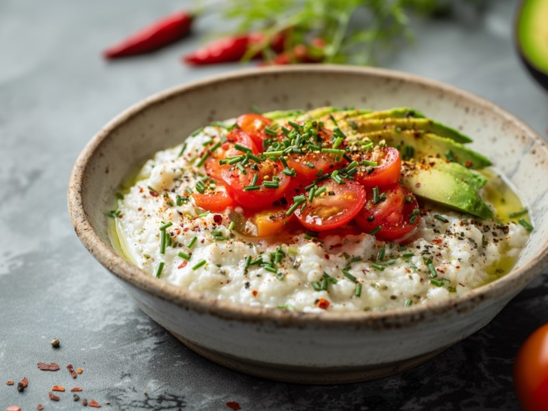 Eine Schale herzhaftes Hüttenkäse-Porridge, das mit Tomaten, Avocado und frischen Krutern getoppt ist. Ringsum liegen frische Tomaten, eine halbe Avocado, Chilischoten und frische Kräuter.