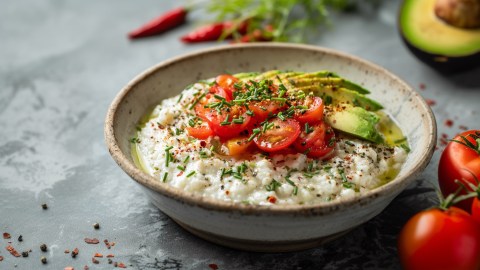 Eine Schale herzhaftes Hüttenkäse-Porridge, das mit Tomaten, Avocado und frischen Krutern getoppt ist. Ringsum liegen frische Tomaten, eine halbe Avocado, Chilischoten und frische Kräuter.