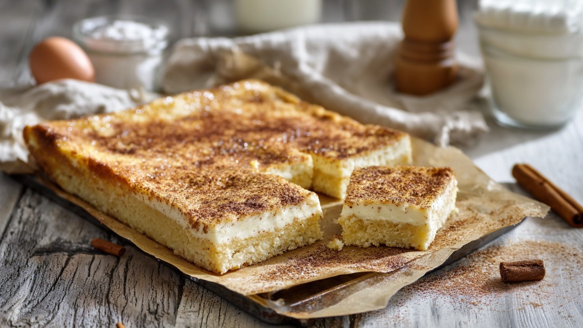 Ein hessischer Schmandkuchen vom Blech, der auf etwas Backpapier auf einem Holztisch platziert ist. Ringsum im Hintergrund kann man Backzutaten erkennen.