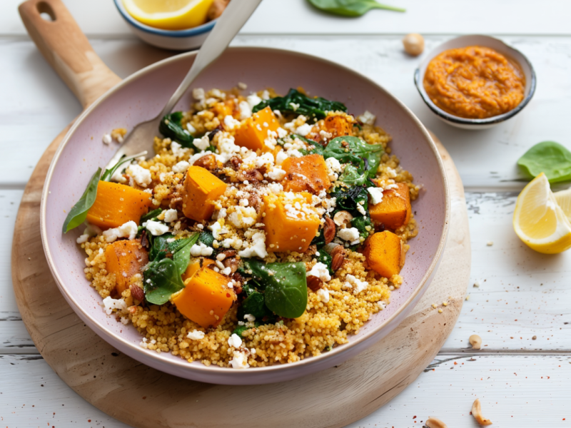 Hirsepfanne mit Kürbis, Spinat und Feta, angerichtet in einer Pfanne, die auf einem Holzbrett steht.