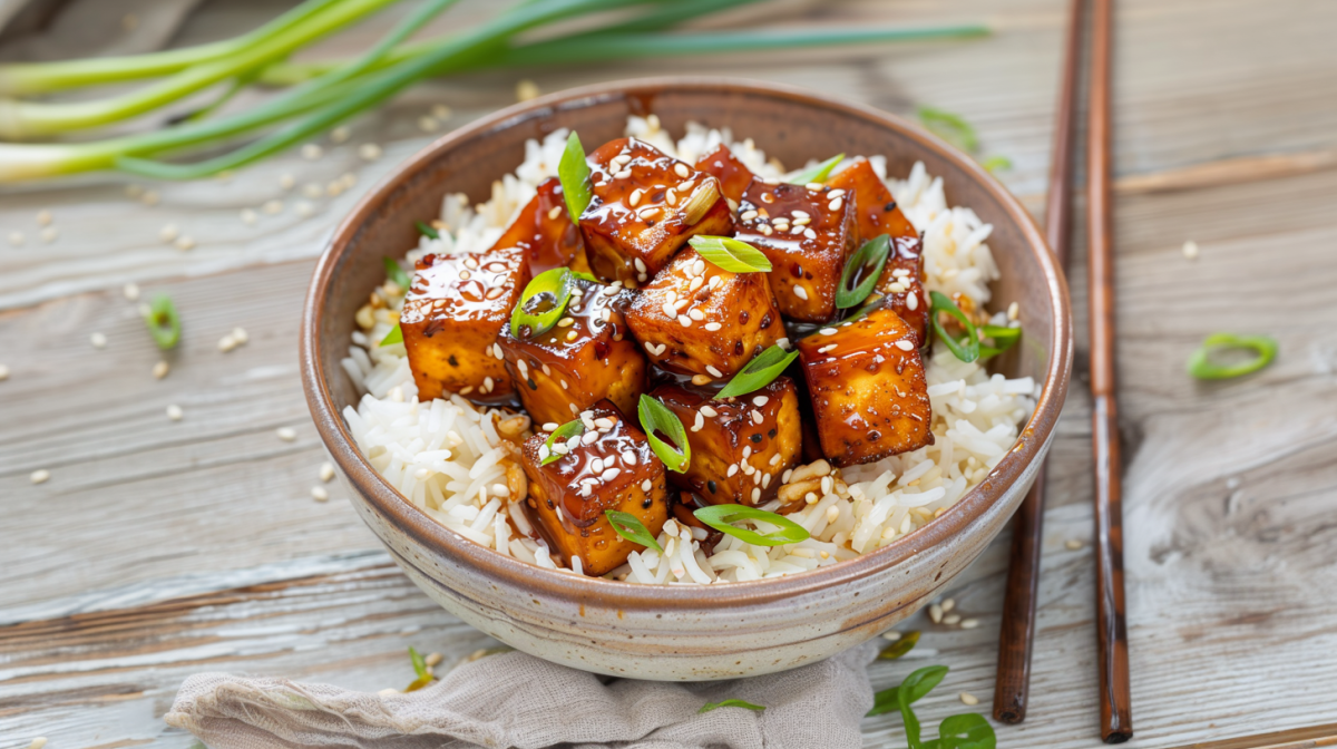 Eine Schüssel mit Honig-Knoblauch Tofu und Reis. Der Tofu ist mit Sesamkörnern und Frühlingszwiebelringen bedeckt. Im Hintergrund liegen weiter Frühlingszwiebeln, rechts neben der Schale zwei Essstäbchen.