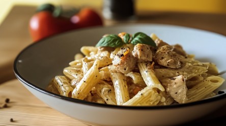 Ein Teller Honig-Pfeffer-Pasta mit Hähnchen, garniert mit Basilikum.